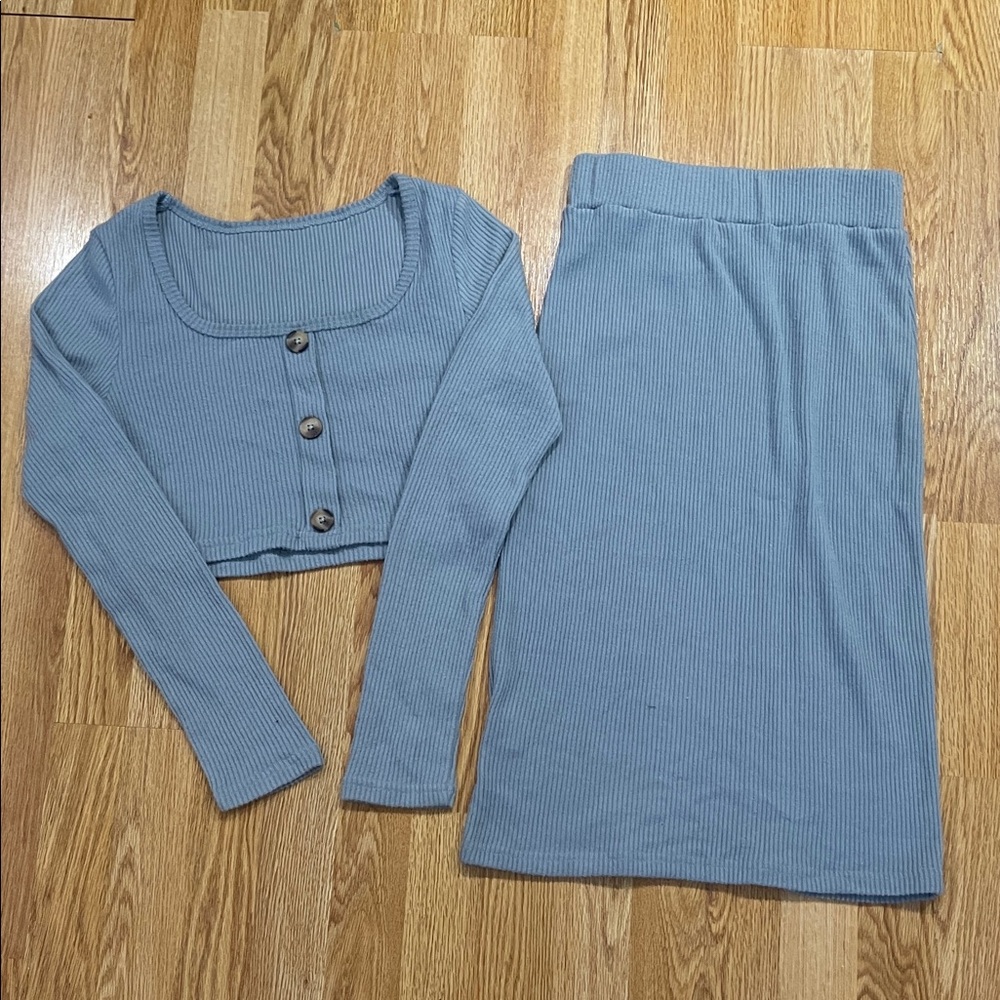 SHEIN Blue Ribbed Crop Top & Skirt Set